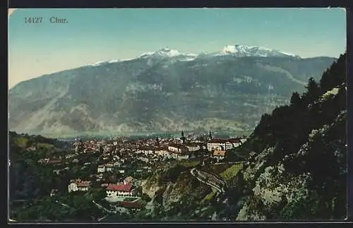 AK Chur, Ortsansicht gegen das Gebirge