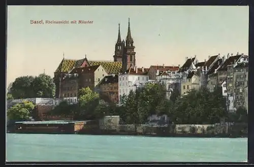 AK Basel, Rheinansicht mit Münster