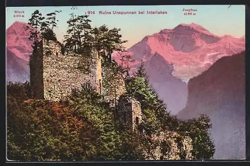 AK Interlaken, Ruine Unspunnen mit Mönch und Jungfrau