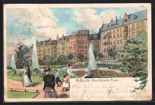 Lithographie Köln-Neustadt, Deutscher Ring mit Anlagen und Restaurant zum Deutschen Ring