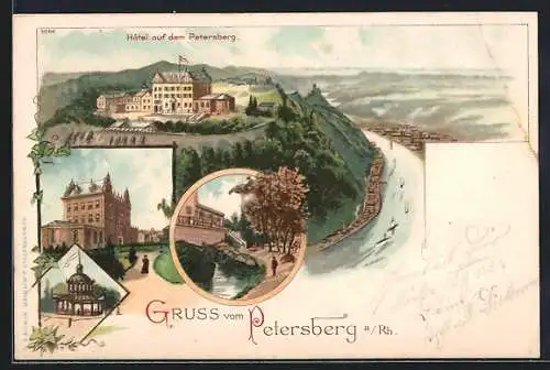 Lithographie Petersberg a. Rh., Hotel auf dem Petersberg