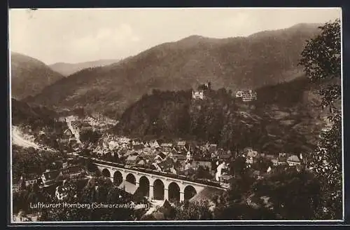 AK Hornberg /Schwarzwaldbahn, Ortsansicht mit Viadukt und Bahn aus der Vogelschau