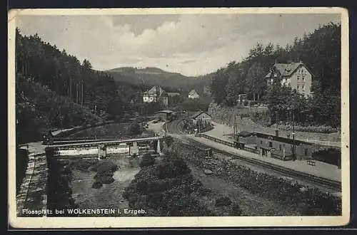 AK Wolkenstein /Erzgeb., Flossplatz mit Wehr aus der Vogelschau