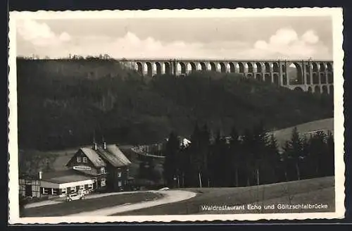 AK Netzschkau, Waldrestaurant Echo mit Blick auf die Göltzschtalbrücke