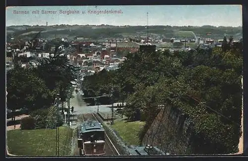 AK Barmen, Teilansicht mit Barmer Bergbahn und Kriegerdenkmal