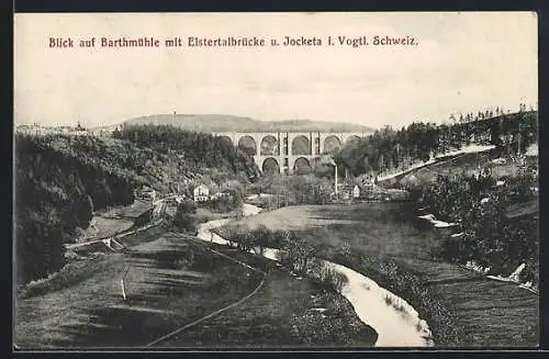 AK Jocketa i. V., Barthmühle mit Elstertalbrücke aus der Vogelschau