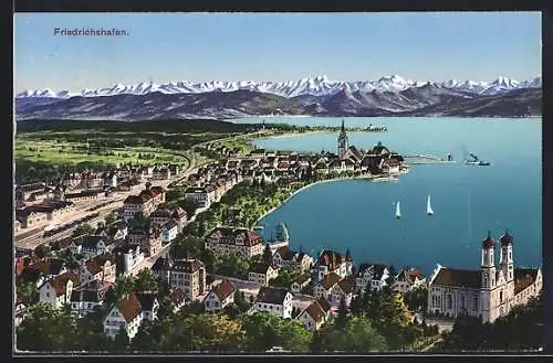 AK Friedrichshafen, Teilansicht mit Bodensee u. Alpenpanorama