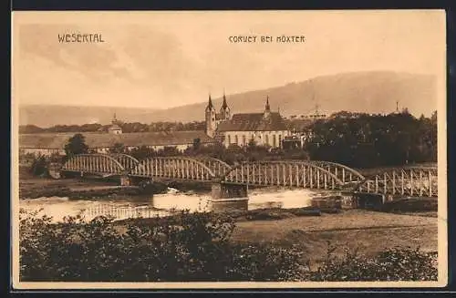 AK Corvey, Blick auf Kloster Corvey, Weserbrücke