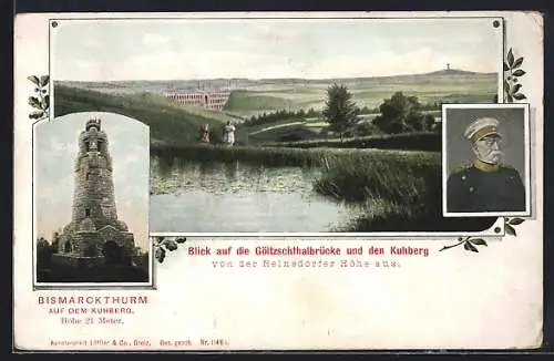 AK Mylau, Blick auf die Göltzschthalbrücke und Kuhberg, Bismarckthurm