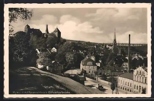 AK Mylau i. V., Ortsansicht mit Schloss u. Göltzschtalbrücke