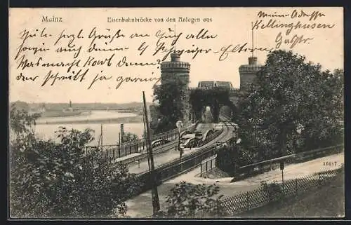 AK Mainz, Eisenbahnbrücke von den Anlagen aus