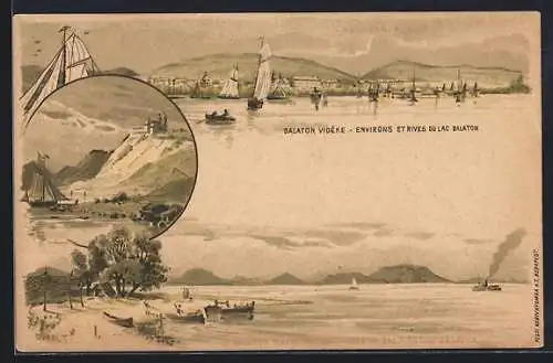 Lithographie Balaton-Füred, Drei Motive vom Plattensee