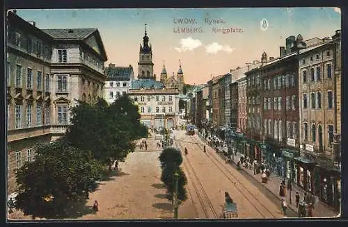 AK Lemberg, Ringplatz mit Strassenbahnen