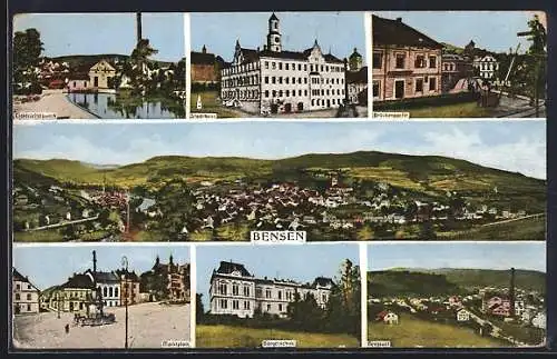 AK Bensen, Elektrizitätswerk, Stadthaus, Brückenpartie, Panorama, Marktplatz, Bürgerschule, Neustadt