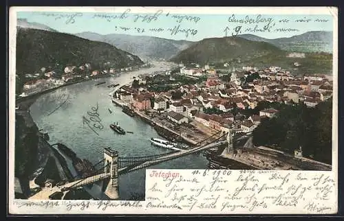 AK Tetschen-Bodenbach / Decin, Ortsansicht mit Kettenbrücke aus der Vogelperspektive