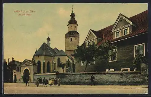 AK Arnau / Hostinne, Decanalkirche mit Mädchen