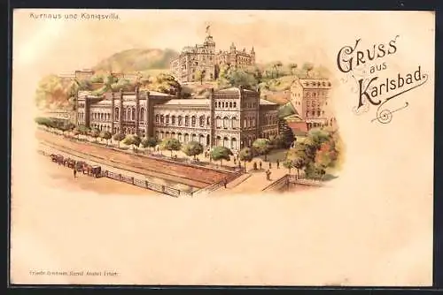 Lithographie Karlsbad, Kurhaus und Königsvilla aus der Vogelschau