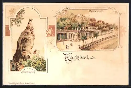 Lithographie Karlsbad, Mühlbrunnen-Colonnade, Hirsch-Sprung