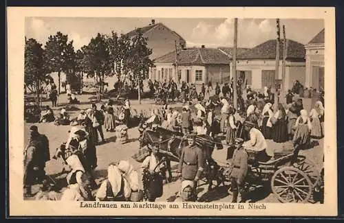 AK Nisch, Landfrauen am Markttage auf dem Havensteinplatz, Pferdekutsche