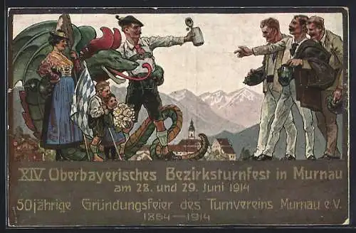 Künstler-AK Murnau, XIV. Oberbayerisches Bezirksturnfest 1914 und 50jährige Gründungsfeier des TV Murnau e.V.