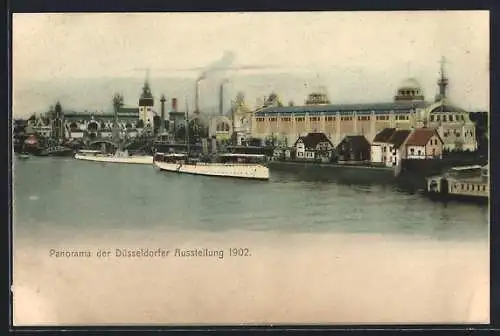 AK Düsseldorf, Gewerbe- & Industrie-Ausstellung 1902, Ansicht der Ausstellung mit Dampfern