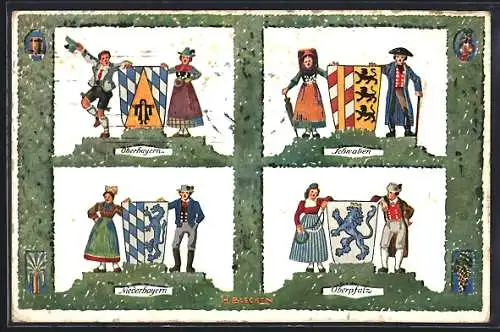 Künstler-AK Jubiläums-Oktoberfest 1810-1910 der 8 Kreise Bayerns, Tracht Schwaben, Oberpfalz & Niederbayern