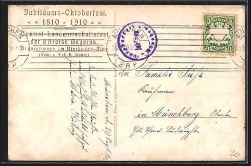 Künstler-AK Jubiläums-Oktoberfest 1810-1910 der 8 Kreise Bayerns, Tracht Schwaben, Oberpfalz & Niederbayern