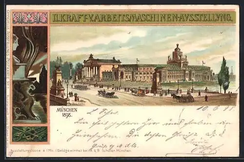 Lithographie München, II. Kraft- V. Arbeitsmaschinen-Ausstellung 1898, Strassenansicht, Jugendstil