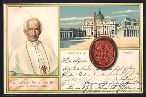 AK Rom, Portrait von Papst Leo XIII., Blick auf den Petersplatz im Vatikan