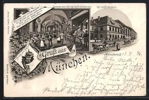 Lithographie München, Königliches Hofbräuhaus, Mann mit Bier - frisch vom Fass