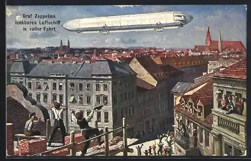 AK Luftschiff-Zeppelin wird von Stadtbewohnern bejubelt