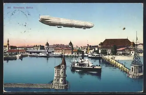 AK Konstanz, Zeppelin & Dampfer passieren die Hafeneinfahrt