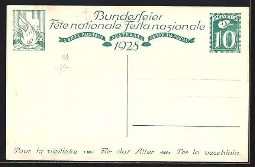 AK Schweizer Bundesfeier 1928, Für das Alter, Grossmutter strickt