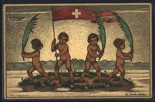 AK Schweizer Bundesfeier 1916, Für die Notleidenden Wehrmänner, Kinder mit Flagge