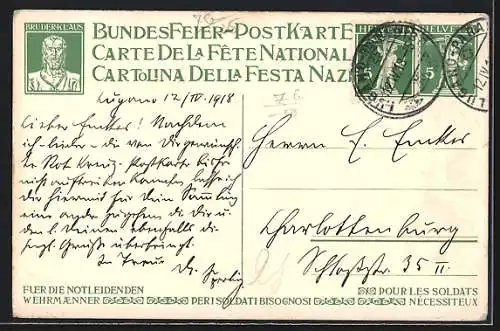 AK Schweizer Bundesfeier 1916, Für die Notleidenden Wehrmänner, Kinder mit Flagge