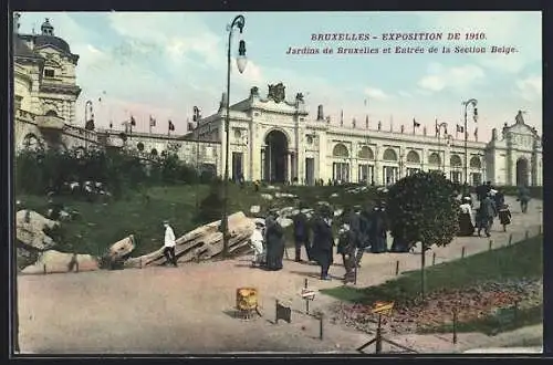 AK Bruxelles, Exposition de 1910, Jardins de Bruxelles et Entrée de la section Belge