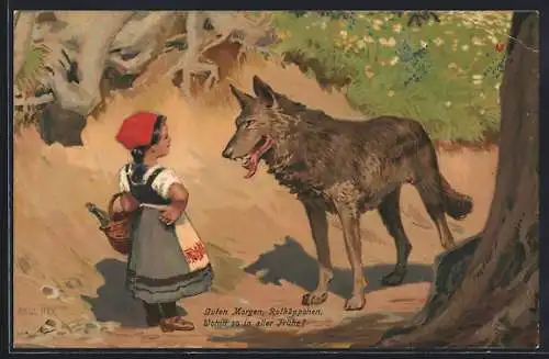 Künstler-Lithographie P. Hey: Rotkäppchen, Wolf begegnet ihr im Wald