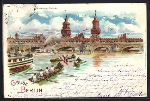 Lithographie Berlin-Friedrichshain, Oberbaum-Brücke mit Spree