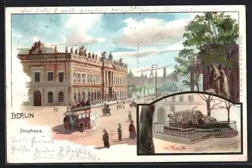 Lithographie Berlin, Pferdebahn am Zeughaus, Denkmal