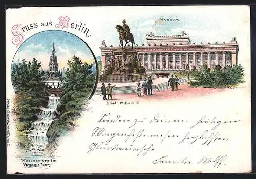 Lithographie Berlin-Kreuzberg, Wassersturz im Victoria Park, Museum und Denkmal Friedrich Wilhelm III.