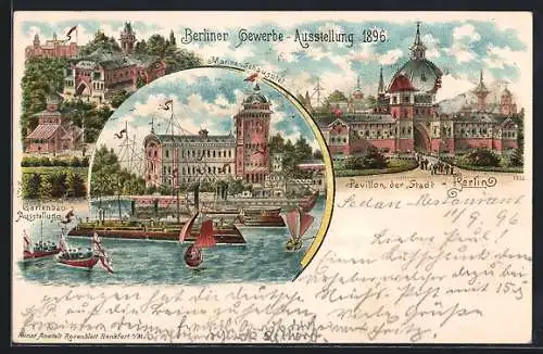 Lithographie Berlin, Gewerbe-Ausstellung 1896, Marine-Schauspiel