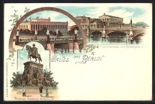 Lithographie Berlin, Museum und Schlossbrücke, Denkmal Friedrich Wilhem III., Friedrichbrücke und Nationalgallerie