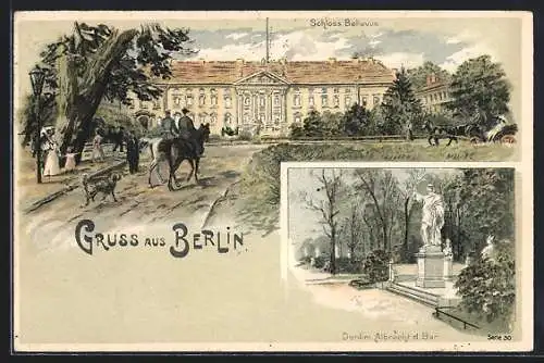 Lithographie Berlin-Tiergarten, vor dem Schloss Bellevue, das Denkmal Albrecht d. Bär