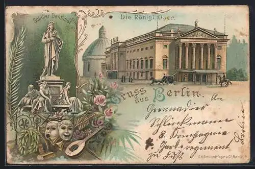 Lithographie Berlin, Die Königl. Oper, Unter den Linden, Schiller-Denkmal