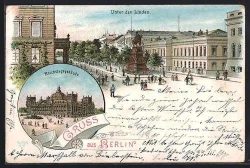 Lithographie Berlin, Unter den Linden mit Reiterstandbild Friedrich der Grosse, Reichstagsgebäude