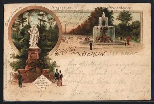 Lithographie Berlin-Tiergarten, Partie am Wrangelbrunnen, Lessing-Denkmal