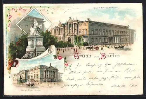 Lithographie Berlin, Palais Kaiser Wilhlem, Denkmal der Kaiserin Augusta, Kgl. Opernhaus