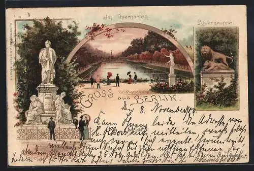 Lithographie Berlin-Tiergarten, Ansicht vom Goldfischteich im Tiergarten, Löwengruppe, Goethe-Denkmal