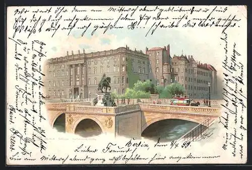 Lithographie Berlin, Schloss und Kurfürstenbrücke