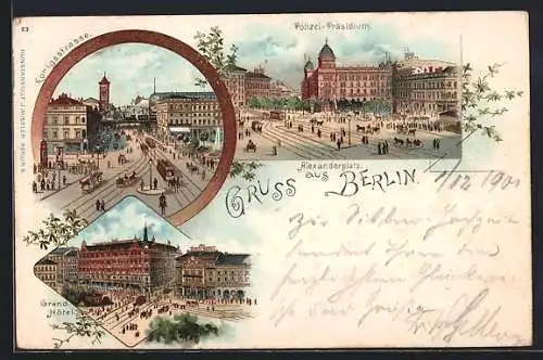 Lithographie Berlin, Alexanderplatz, Alexanderplatz, Königsstr., Grand Hotel, Polizeipräsidium am Alexanderplatz mit Str